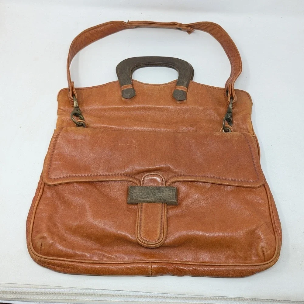 Buti Super Oscar Vintage Tan Leather Handbag Wood Handle Shoulder Bag Italy